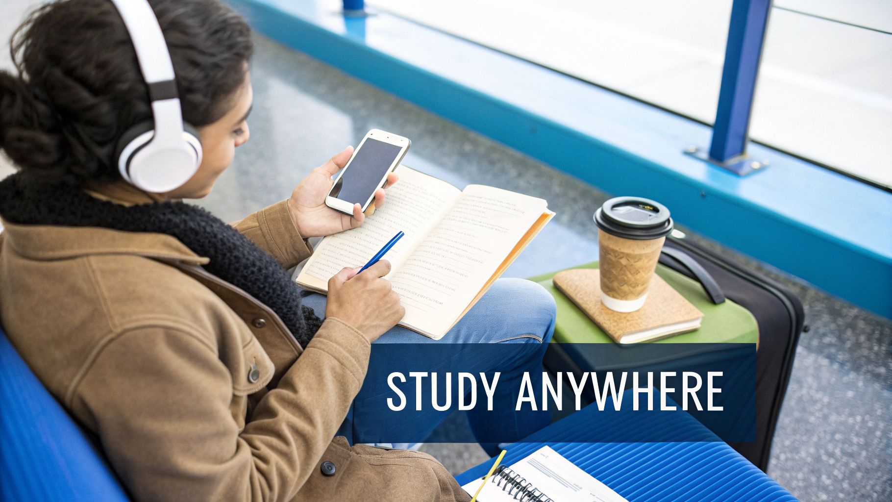 A person with headphones studies outdoors, holding a book and phone, with coffee and luggage, implying mobile learning.