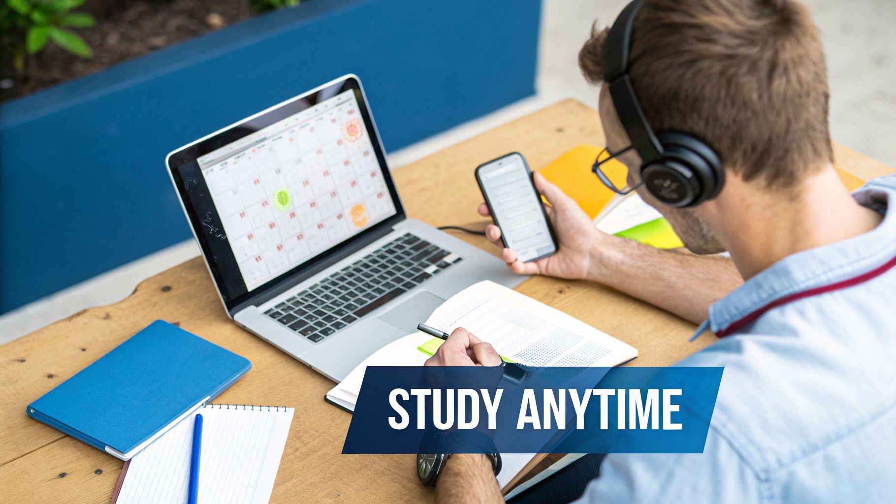 Man with headphones studying remotely using a laptop, phone, and notebook on a wooden desk.