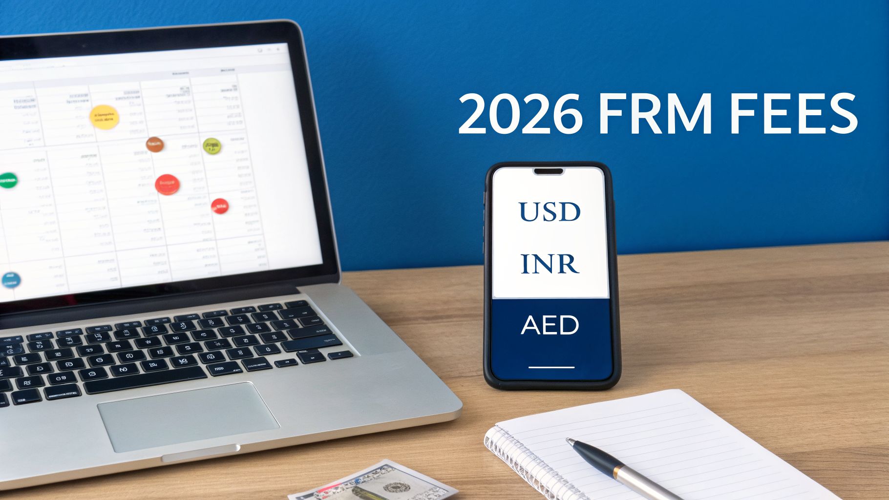 Desk with a laptop, phone displaying USD, INR, AED, and '2026 FRM FEES' on a blue wall.