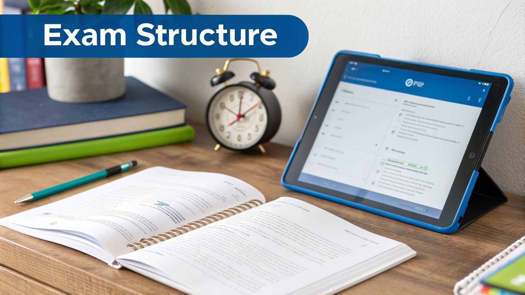A study desk with an open book, pen, alarm clock, and tablet displaying an online exam structure.