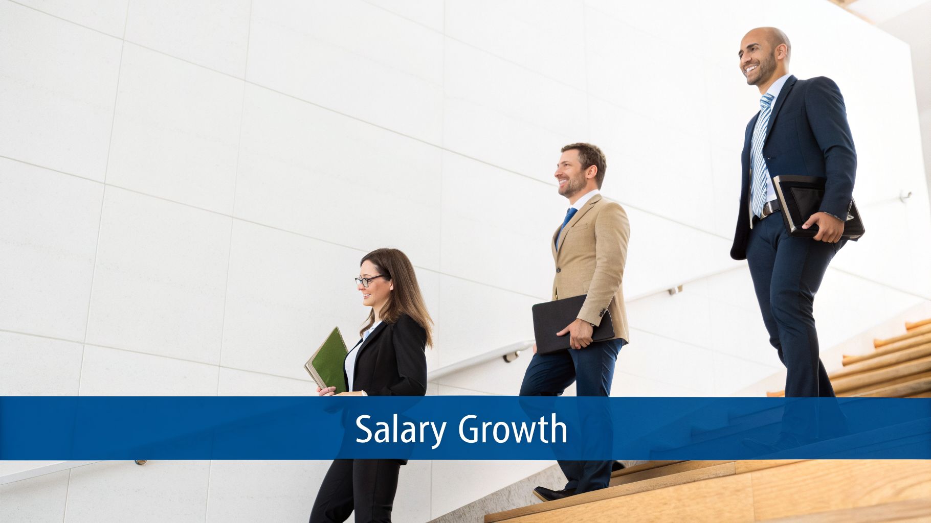 Three diverse professionals smiling and ascending stairs, symbolizing career progression and salary growth.
