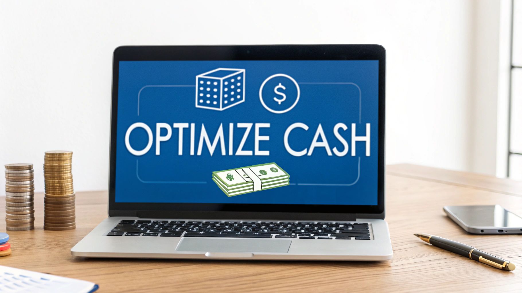 A laptop screen displays 'OPTIMIZE CASH' with financial icons, next to stacks of coins and a pen.