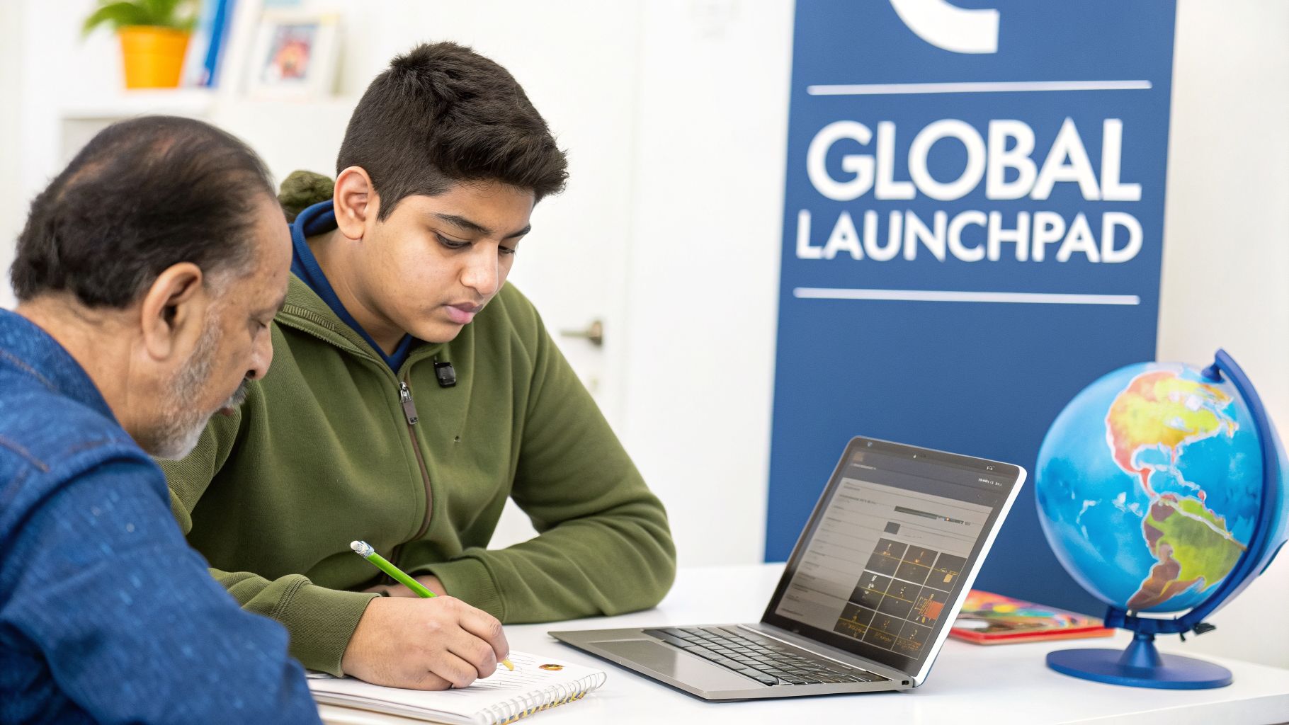 A young man writes in a notebook with a mentor, next to a laptop and a globe.