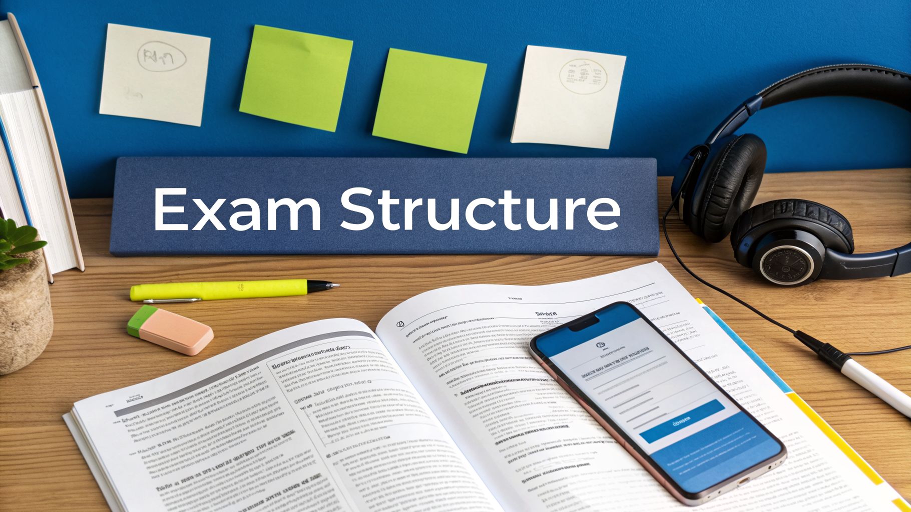 A study desk with a 'Exam Structure' sign, books, a smartphone, headphones, and other study tools.