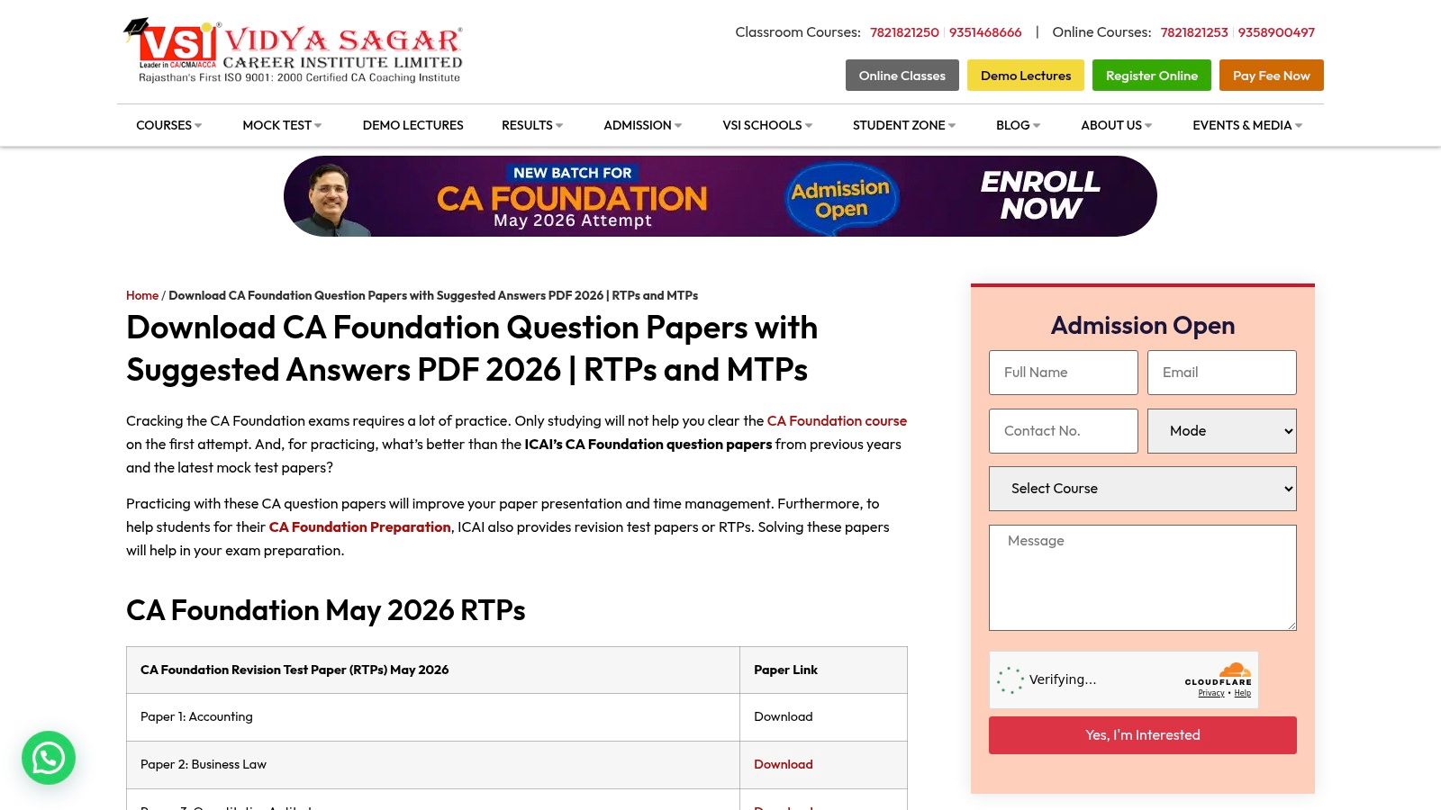VSI Jaipur (CA Foundation Question Papers, RTPs & MTPs)