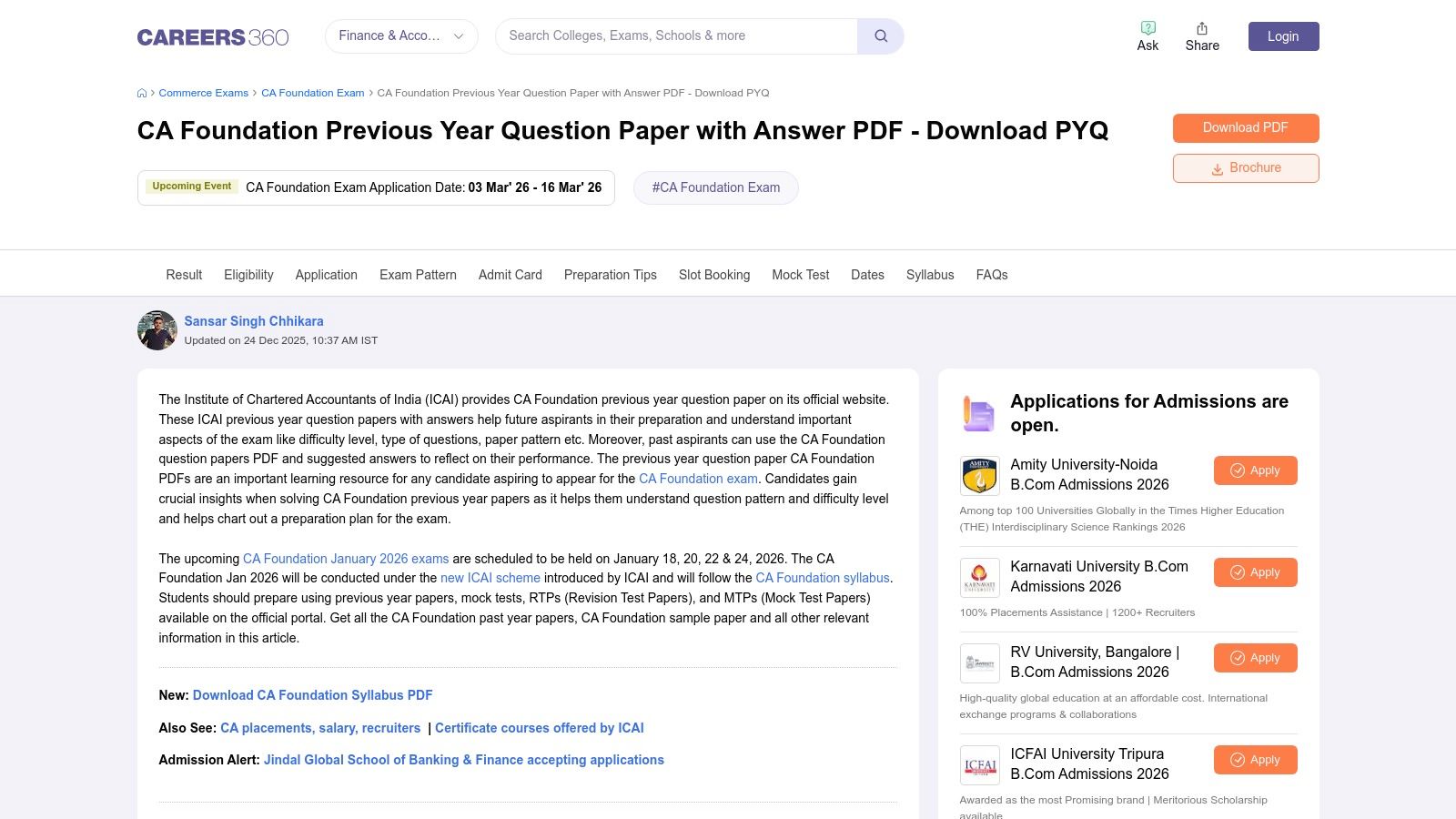 Careers360 (CA Foundation PYQs + Suggested Answers)