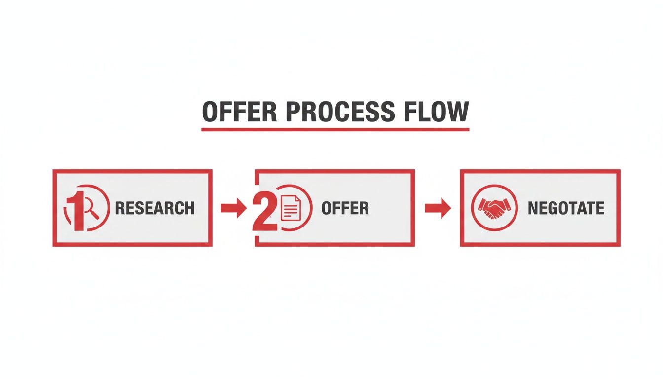 A red and white flow chart illustrating the Offer Process Flow: Research, Offer, and Negotiate stages.