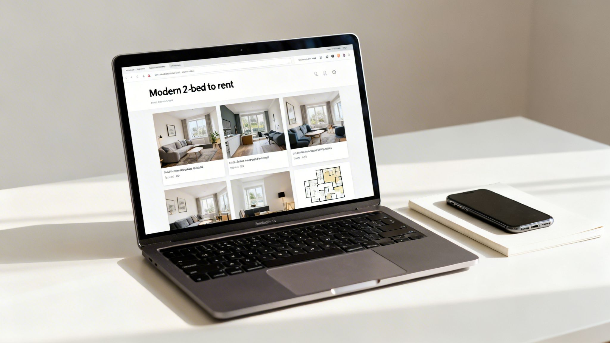 Laptop displaying a real estate website with apartment listings, a phone, and notebooks on a white desk.
