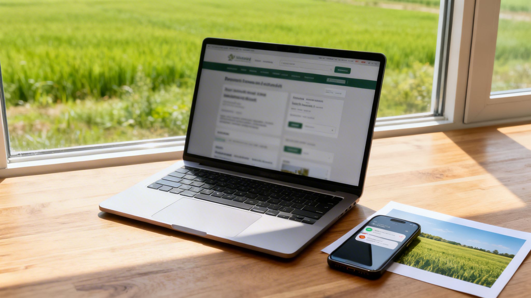 Laptop and smartphone on a wooden desk overlooking a vibrant green farm field, showcasing digital agriculture.