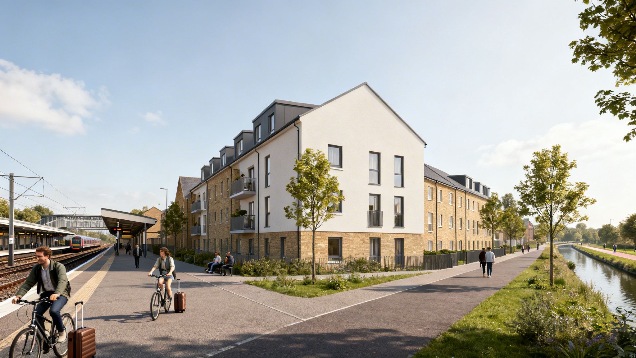 Residential building next to a train platform and canal, with cyclists and pedestrians.