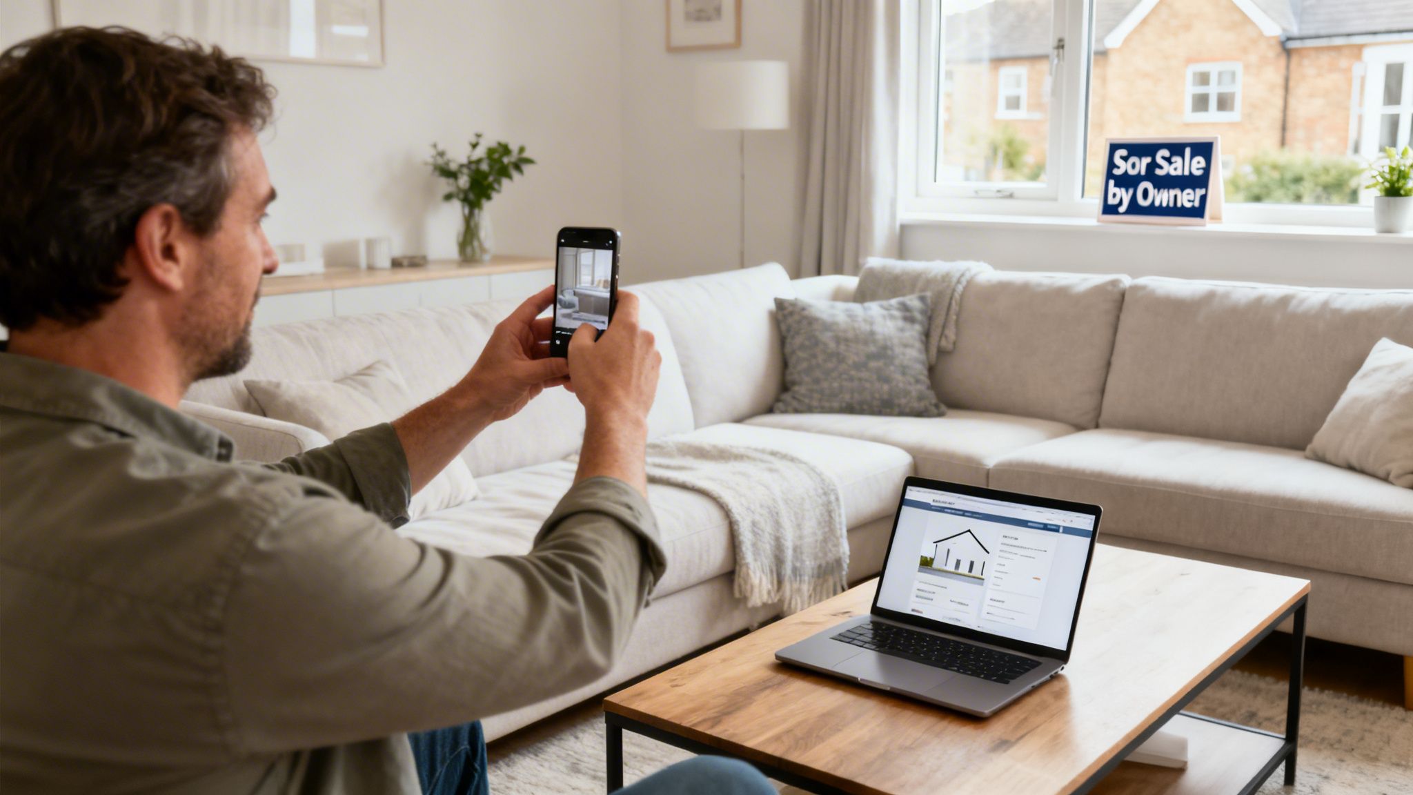 A man photographs his living room with a smartphone, preparing to list his house for sale by owner.