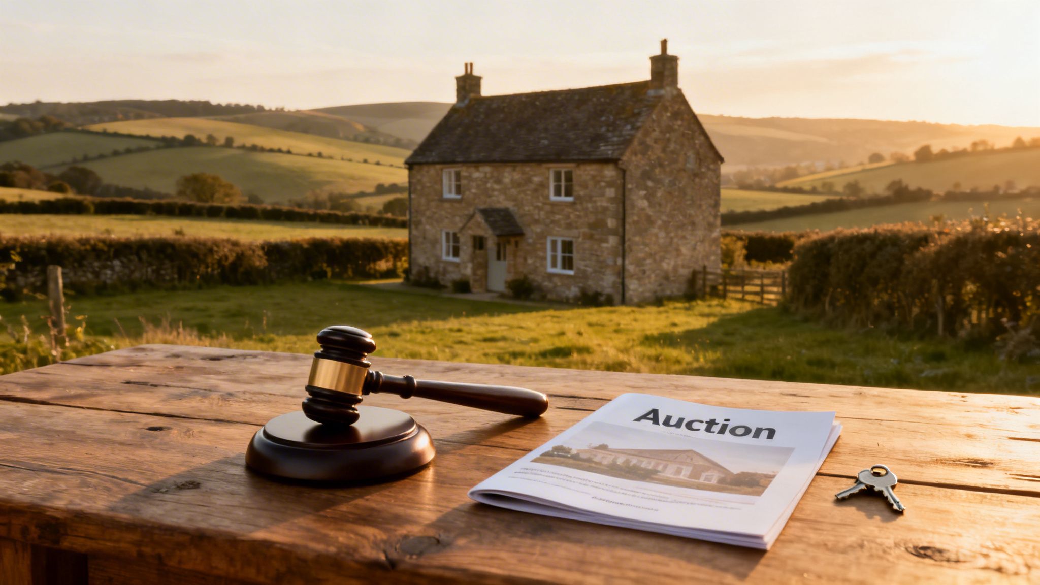 A gavel, auction brochure, and keys on a wooden table with a rustic stone house and rolling hills at sunset.