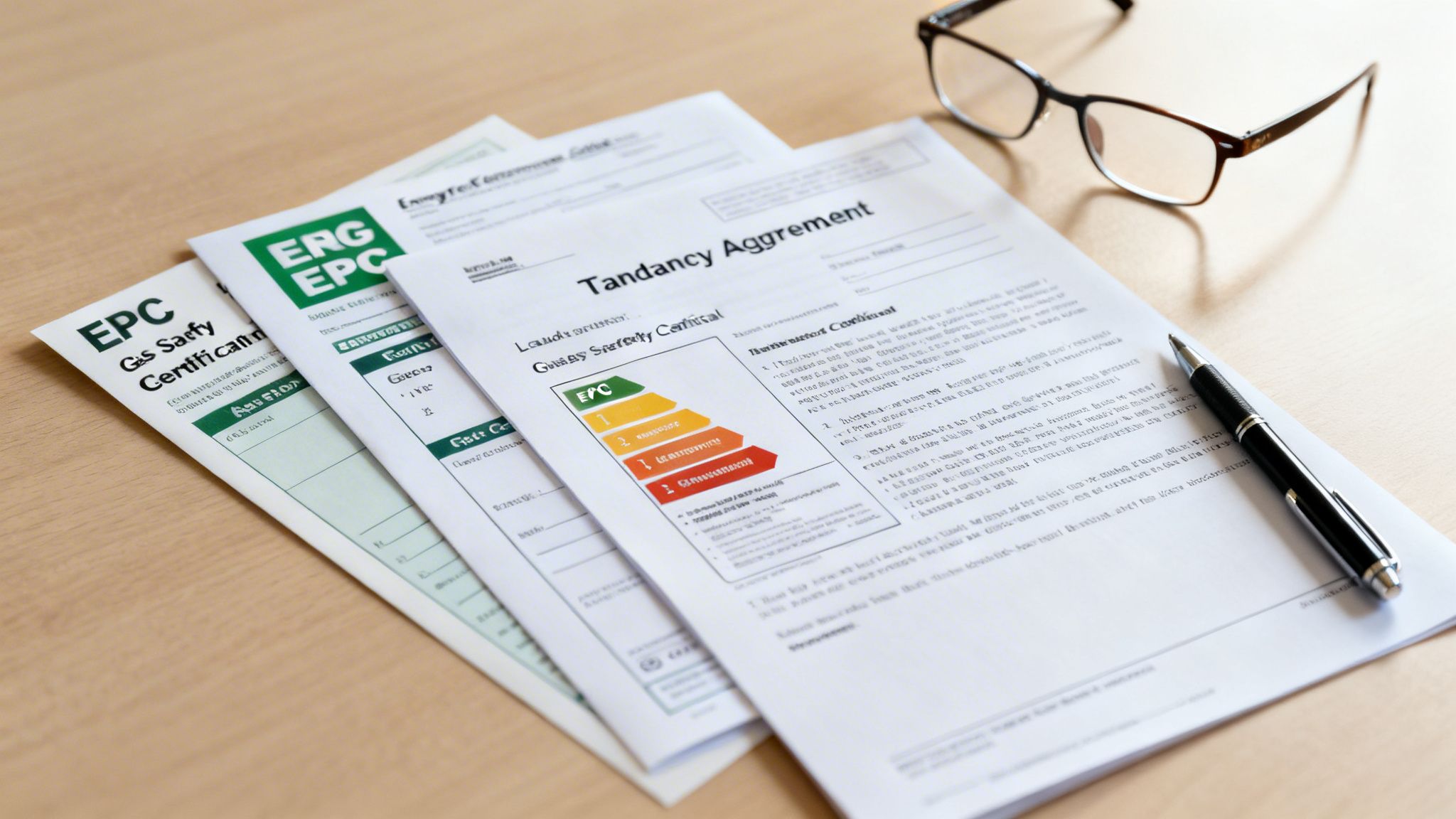 Rental documents including a tenancy agreement, EPC, and gas safety certificate, with glasses and a pen on a wooden table.