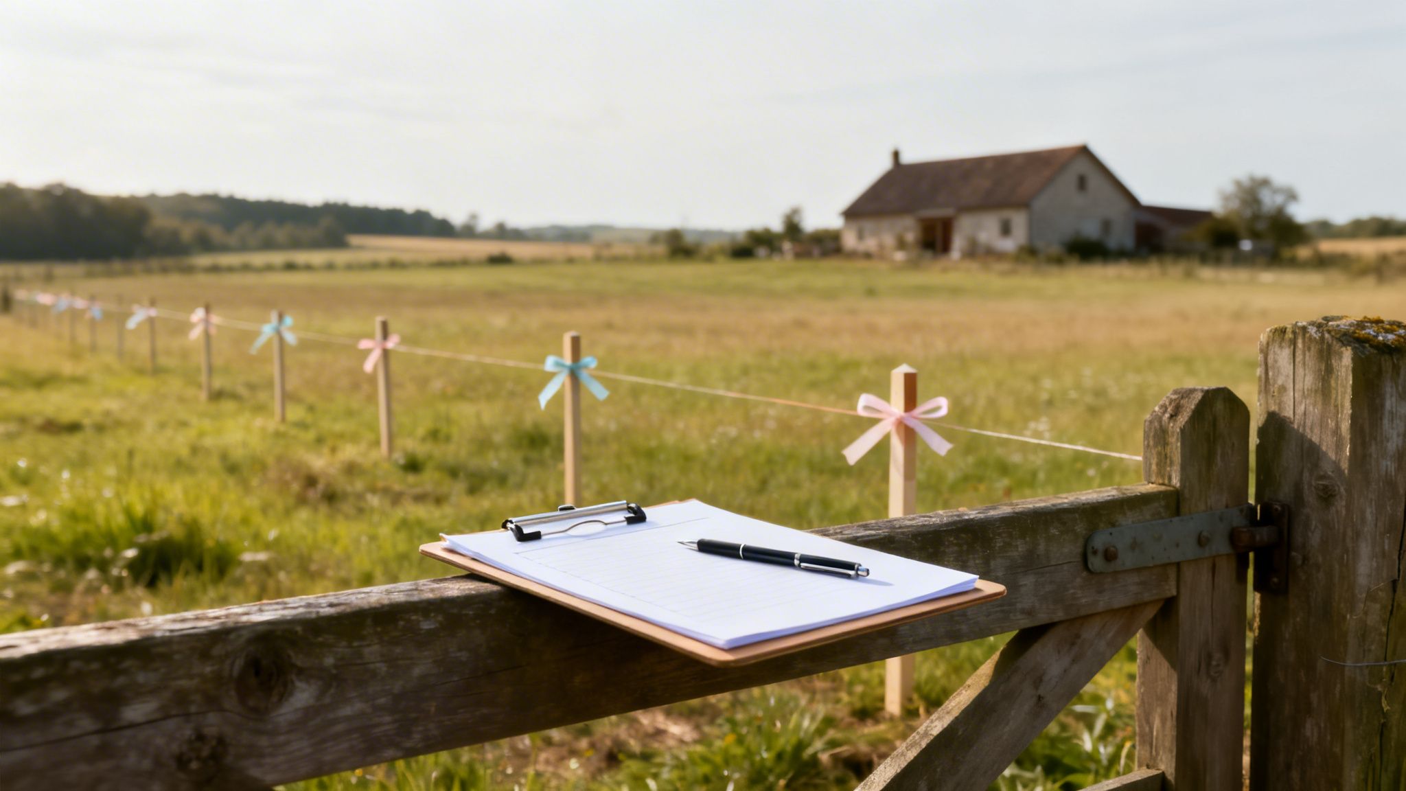A clipboard and pen rest on a rustic wooden gate, overlooking a field with bows and a distant farm.