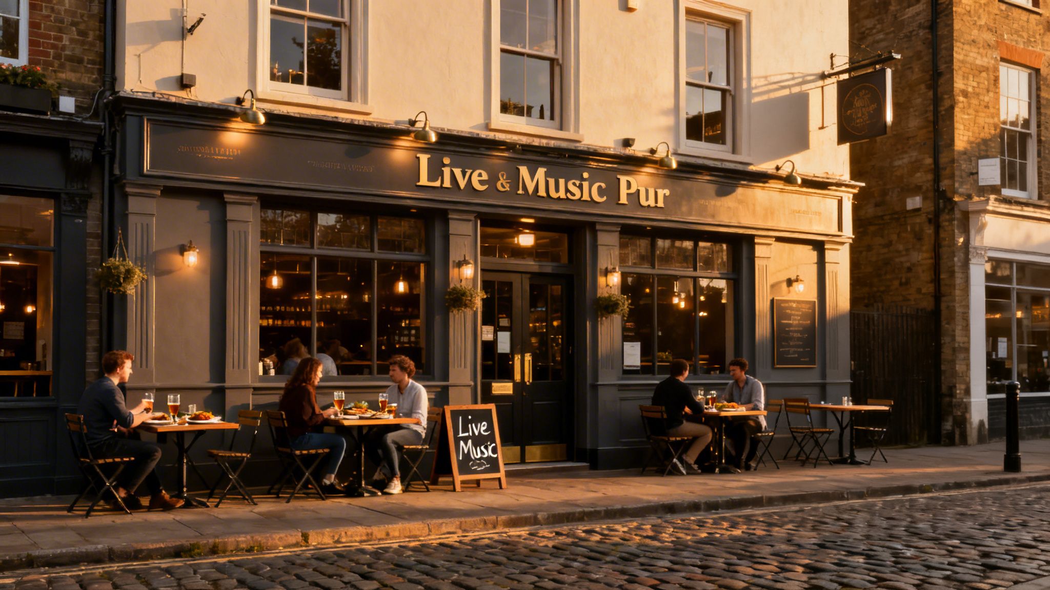 A charming pub exterior at sunset with patrons enjoying drinks and food on outdoor tables.