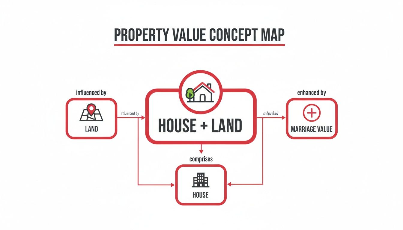 A property value concept map showing HOUSE + LAND influenced by LAND, enhanced by MARRIAGE VALUE, and comprising HOUSE.