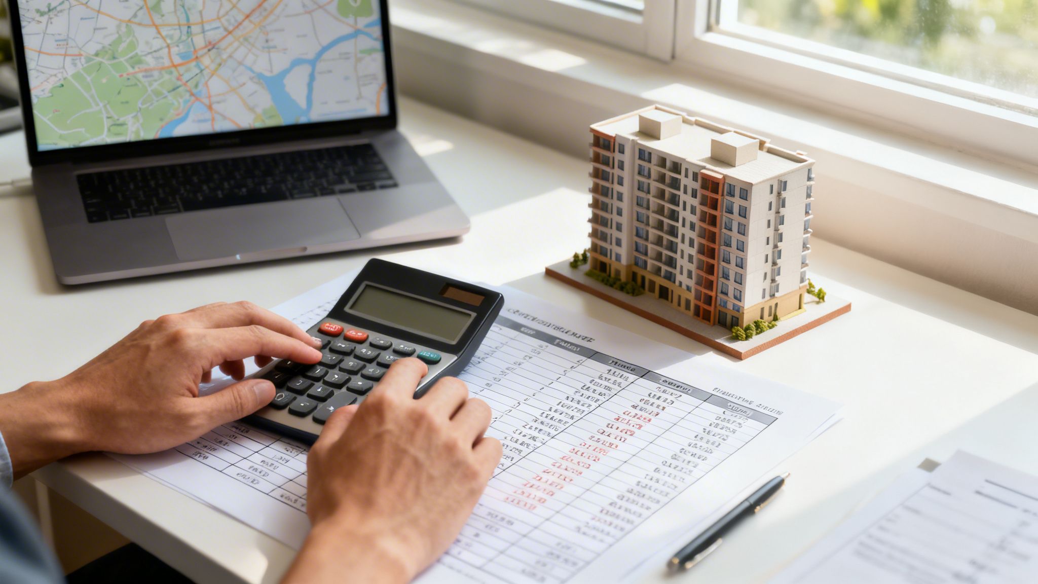 Person calculating finances for a block of flats using a calculator, laptop, and building model.