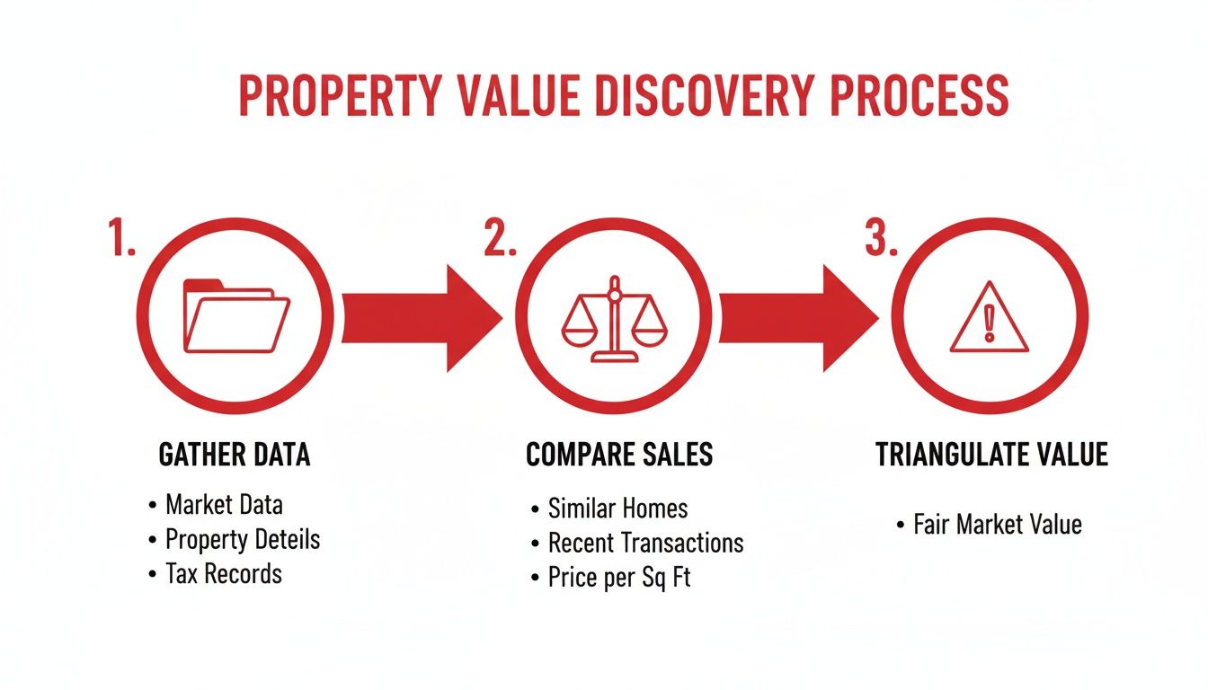 Infographic showing the three-step property value discovery process: gather data, compare sales, triangulate value.
