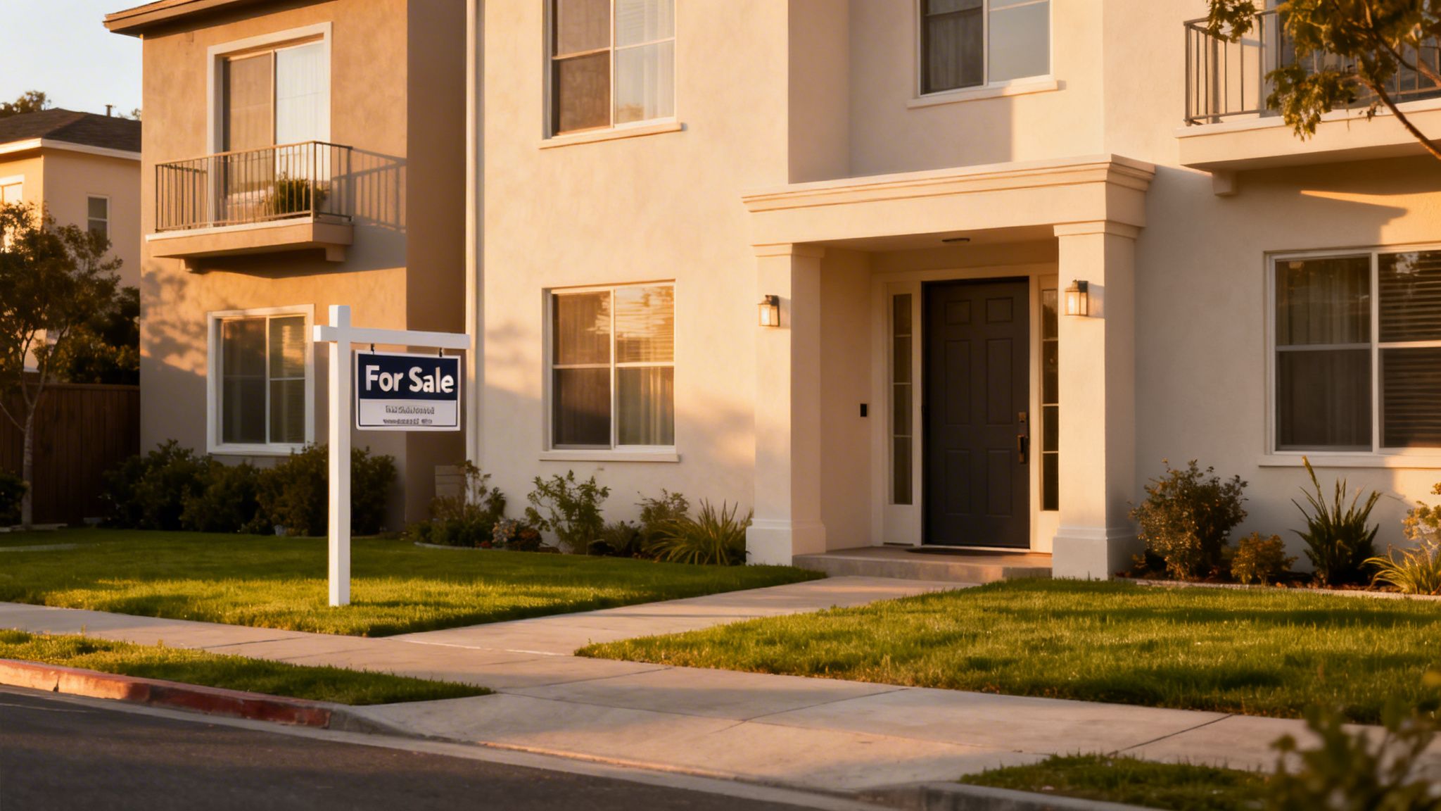 A 'For Sale' sign stands on a lawn in front of a modern block of flats at sunset.