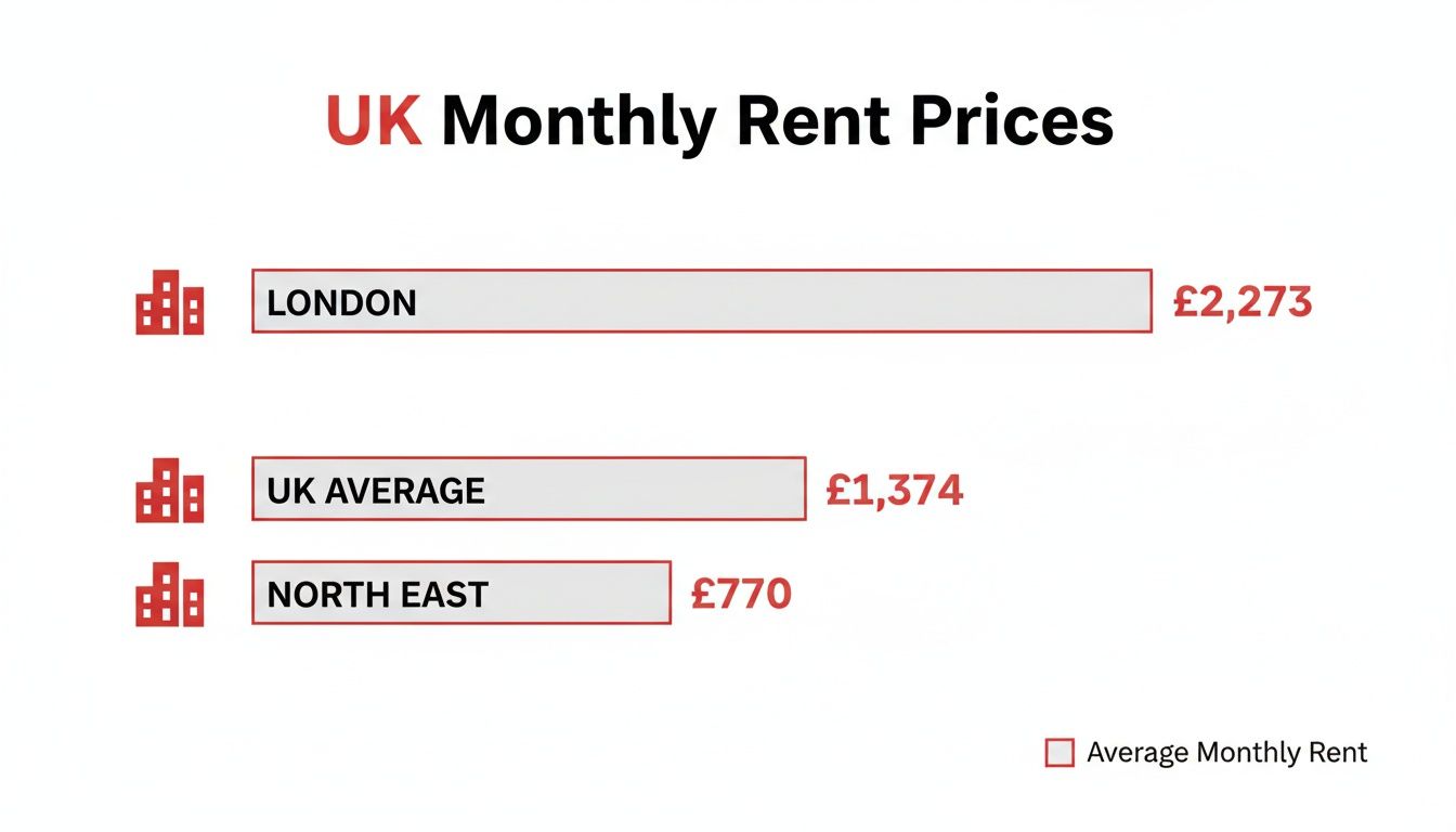 Bar chart displaying UK monthly rent prices for London, UK average, and North East regions.