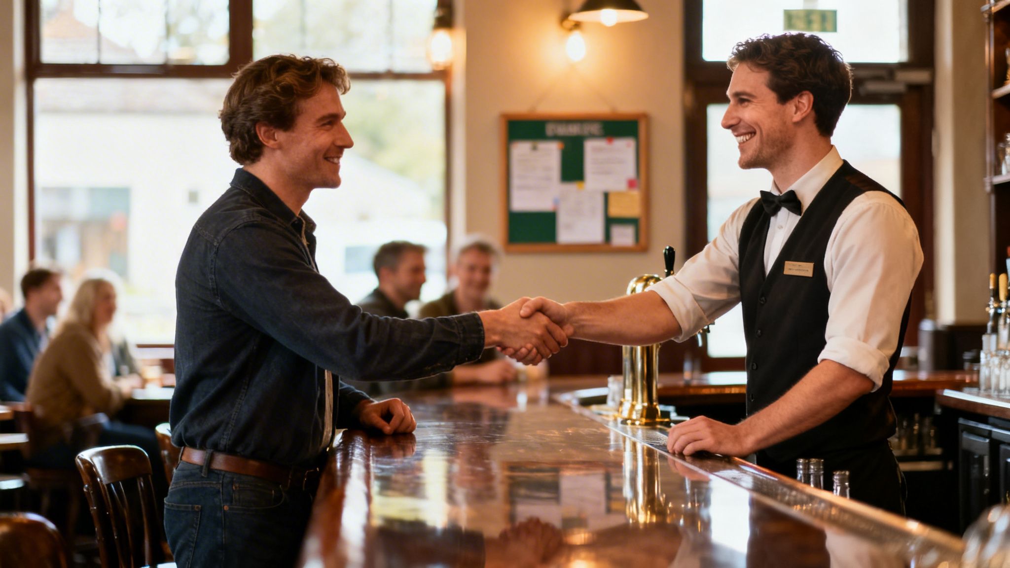 Two smiling men, a customer and a bartender, shake hands across a shiny bar counter.