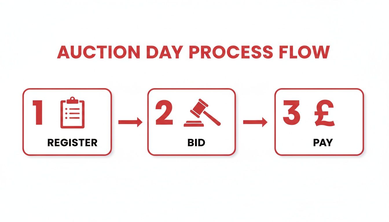 A three-step auction day process flow: register, bid, and pay, with icons.