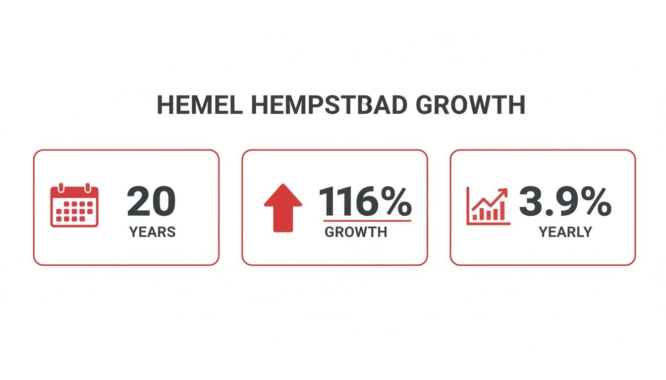 Infographic on Hemel Hempstbad growth, detailing 20 years, 116% total growth, and 3.9% yearly increase.