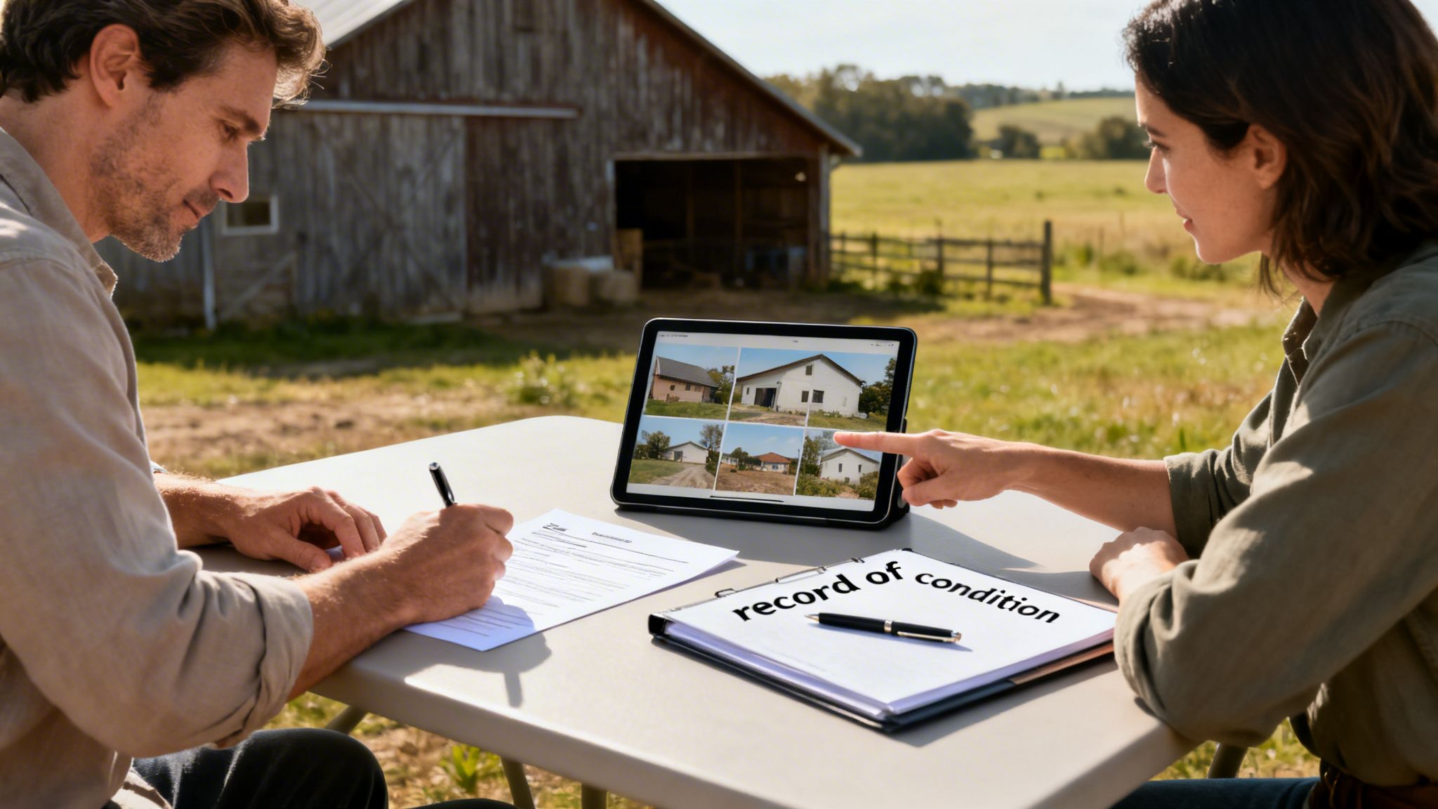 A couple reviews rural property images on a tablet while signing documents on a farm.