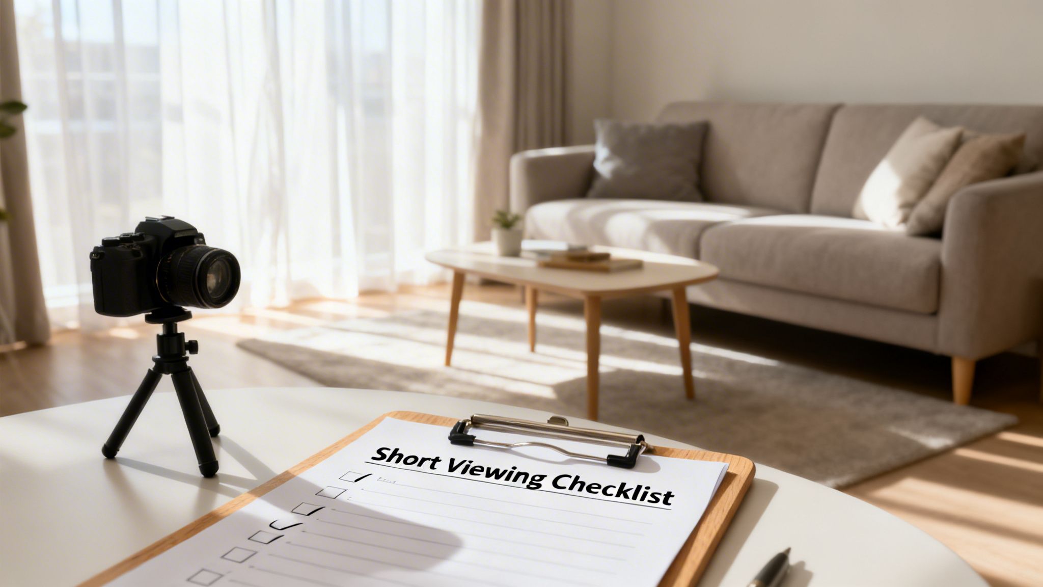 A camera on a tripod next to a 'Short Viewing Checklist' clipboard in a sunny living room.
