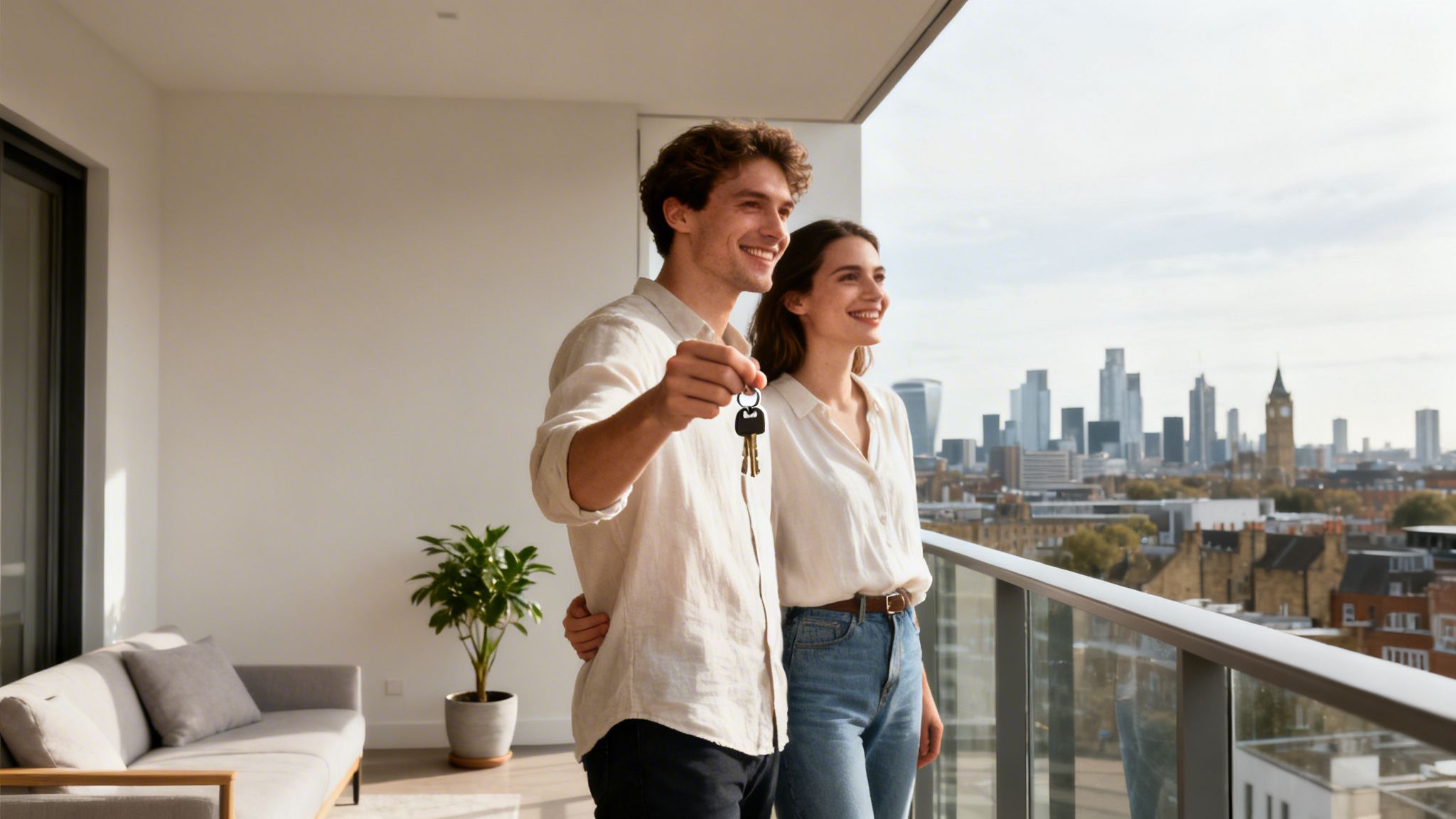 Smiling young couple holding new house keys on a modern apartment balcony overlooking a city skyline.