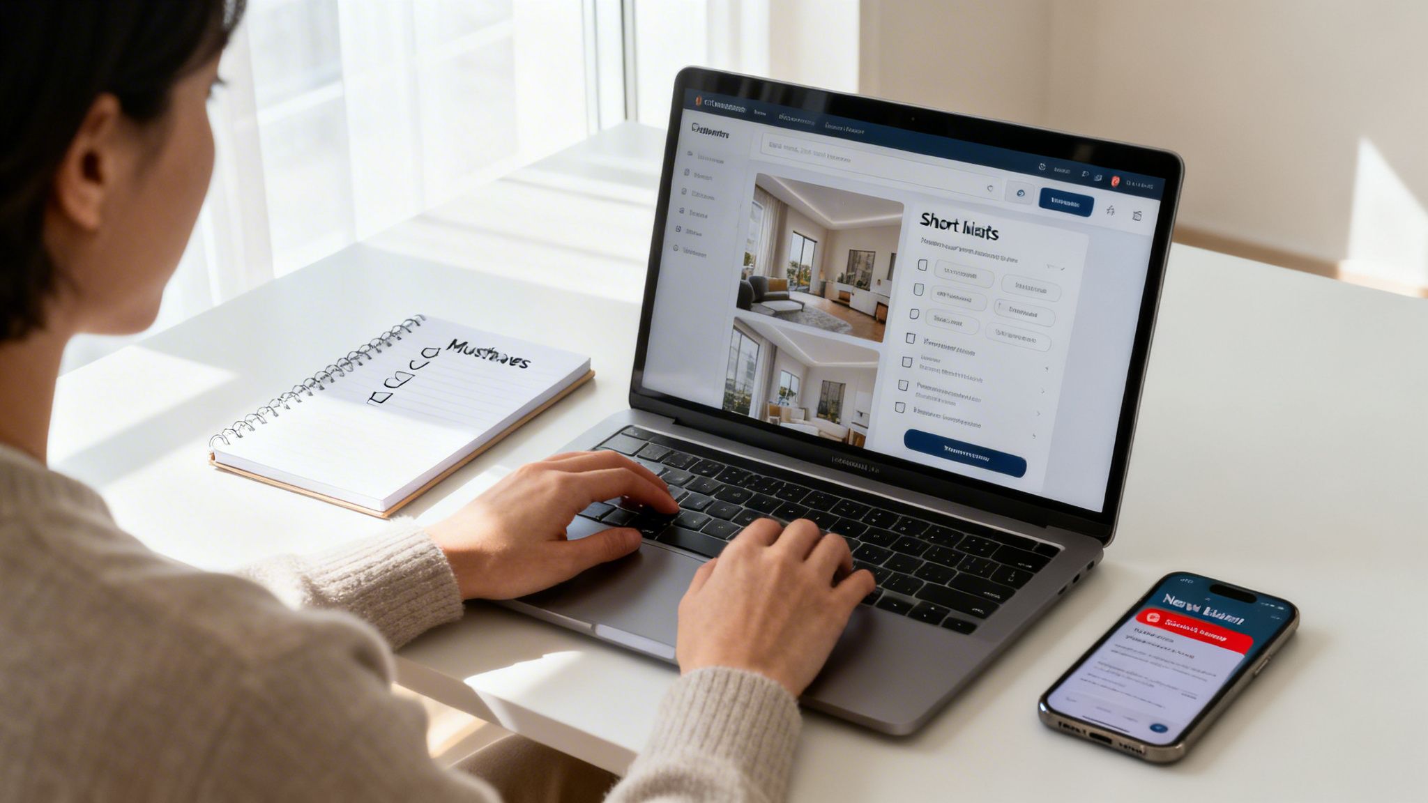 A person types on a laptop displaying real estate listings, with a notebook and phone on a white desk.