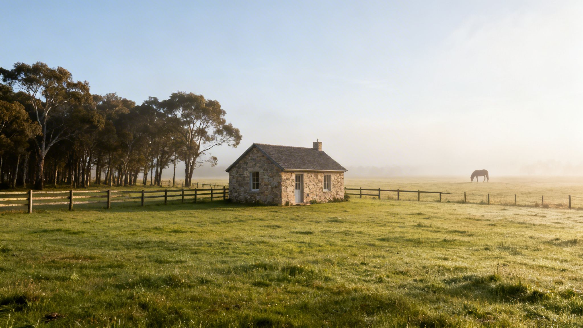 Small stone house in a dewy green field with a horse, fence, and trees.