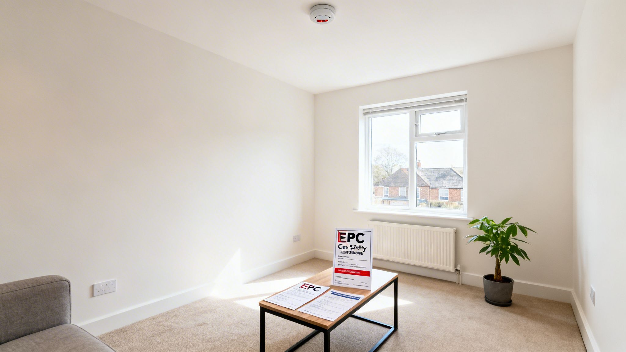 A bright, empty room with beige walls, a window, radiator, coffee table, documents, and a green plant.