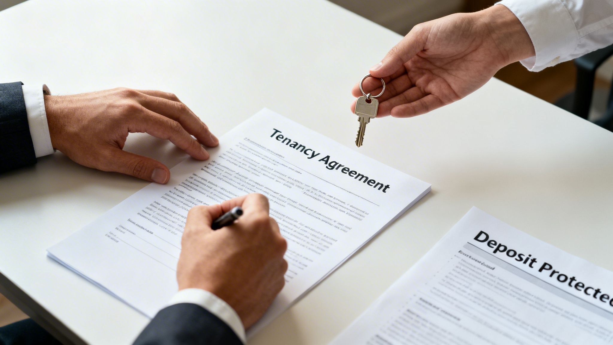 A tenant signs a tenancy agreement while a landlord hands over keys, symbolizing a rental transaction.