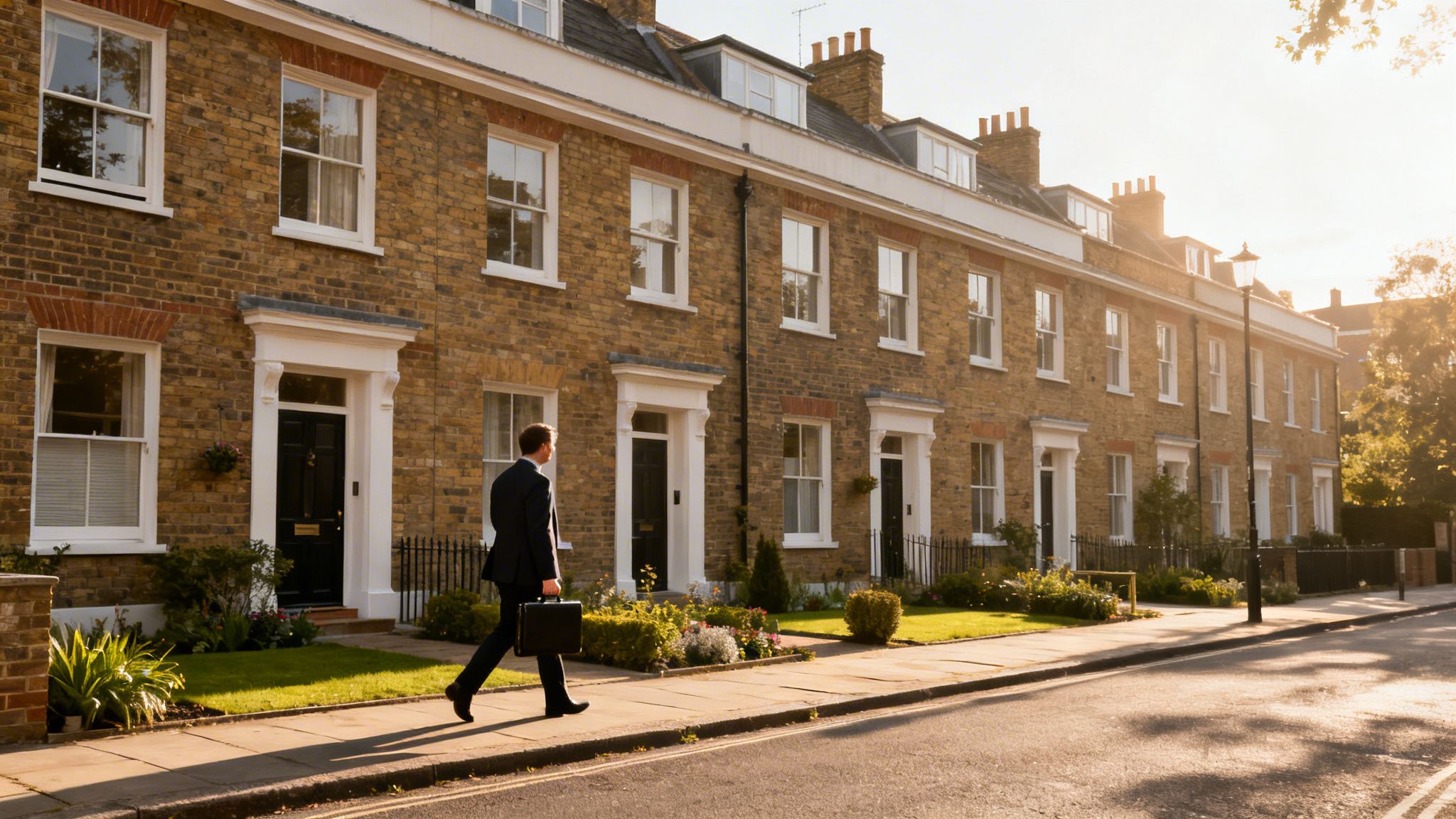 A businessman walks along a sunny street in front of a row of traditional brick terraced houses.