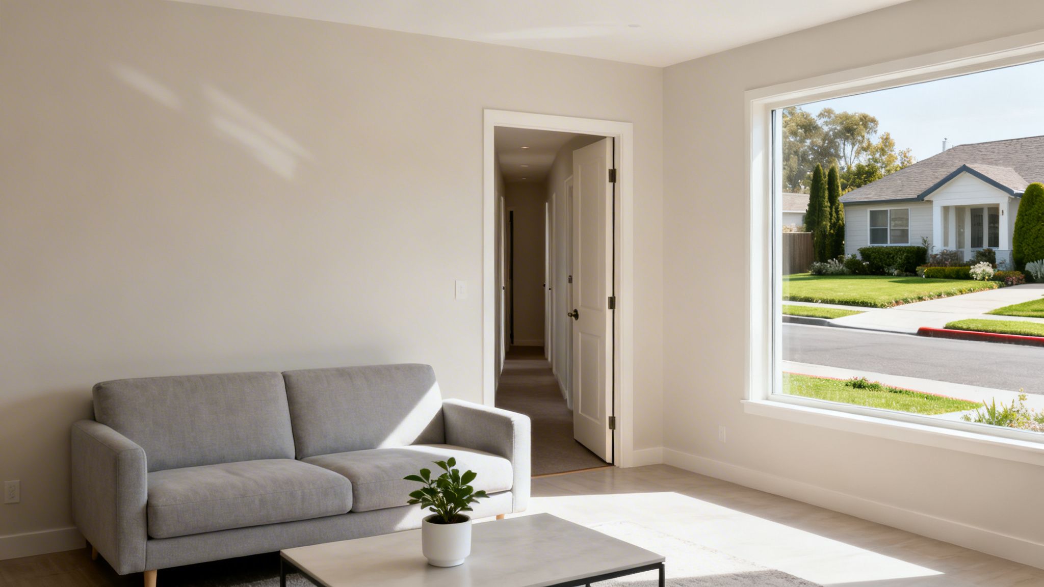 Bright modern living room with a grey sofa, coffee table, and large window overlooking a suburban street.