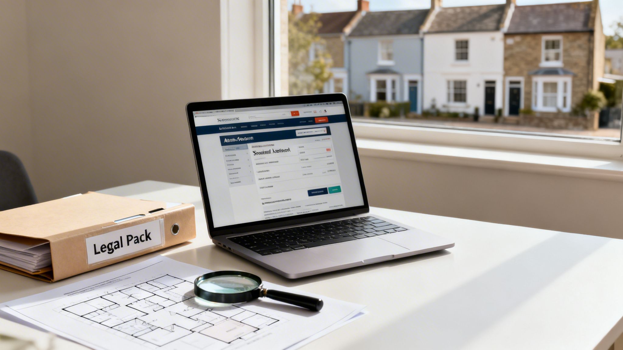 A desk with a laptop, 'Legal Pack' folder, blueprint, and magnifying glass, with houses visible outside.