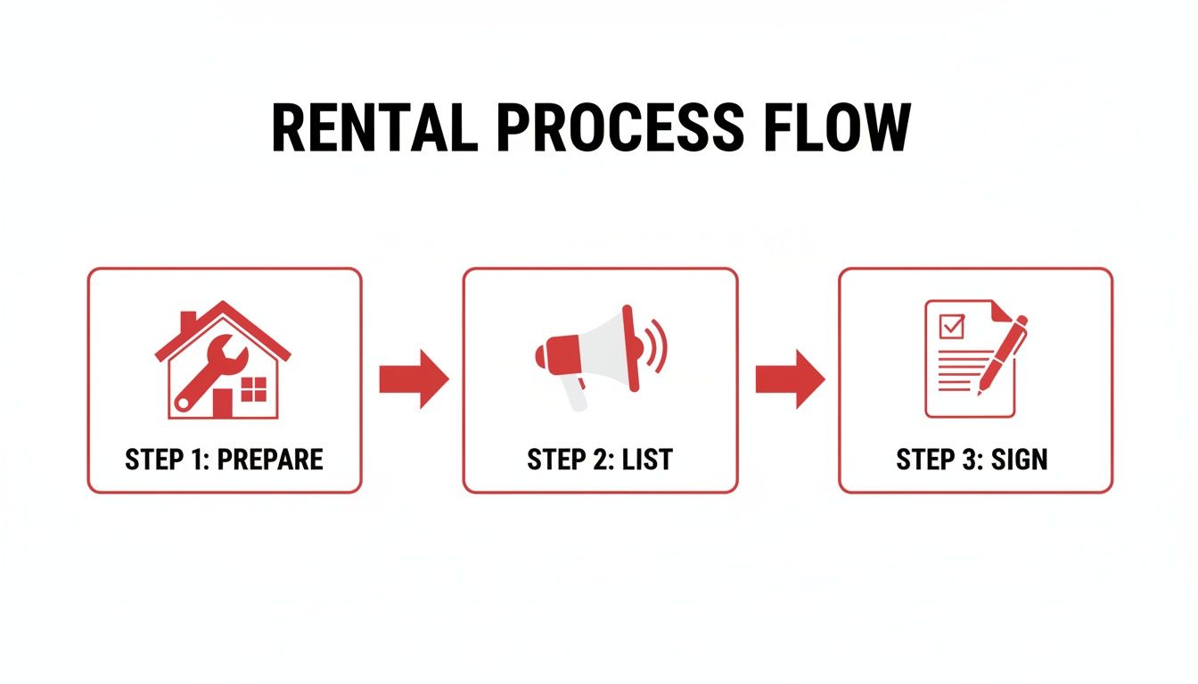 Flowchart illustrating the three-step rental process: prepare, list, and sign, with icons for each.