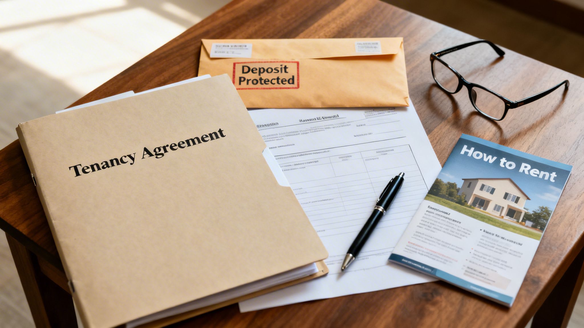 A brown folder labeled 'Tenancy Agreement' next to a 'Deposit Protected' envelope and a 'How to Rent' booklet.