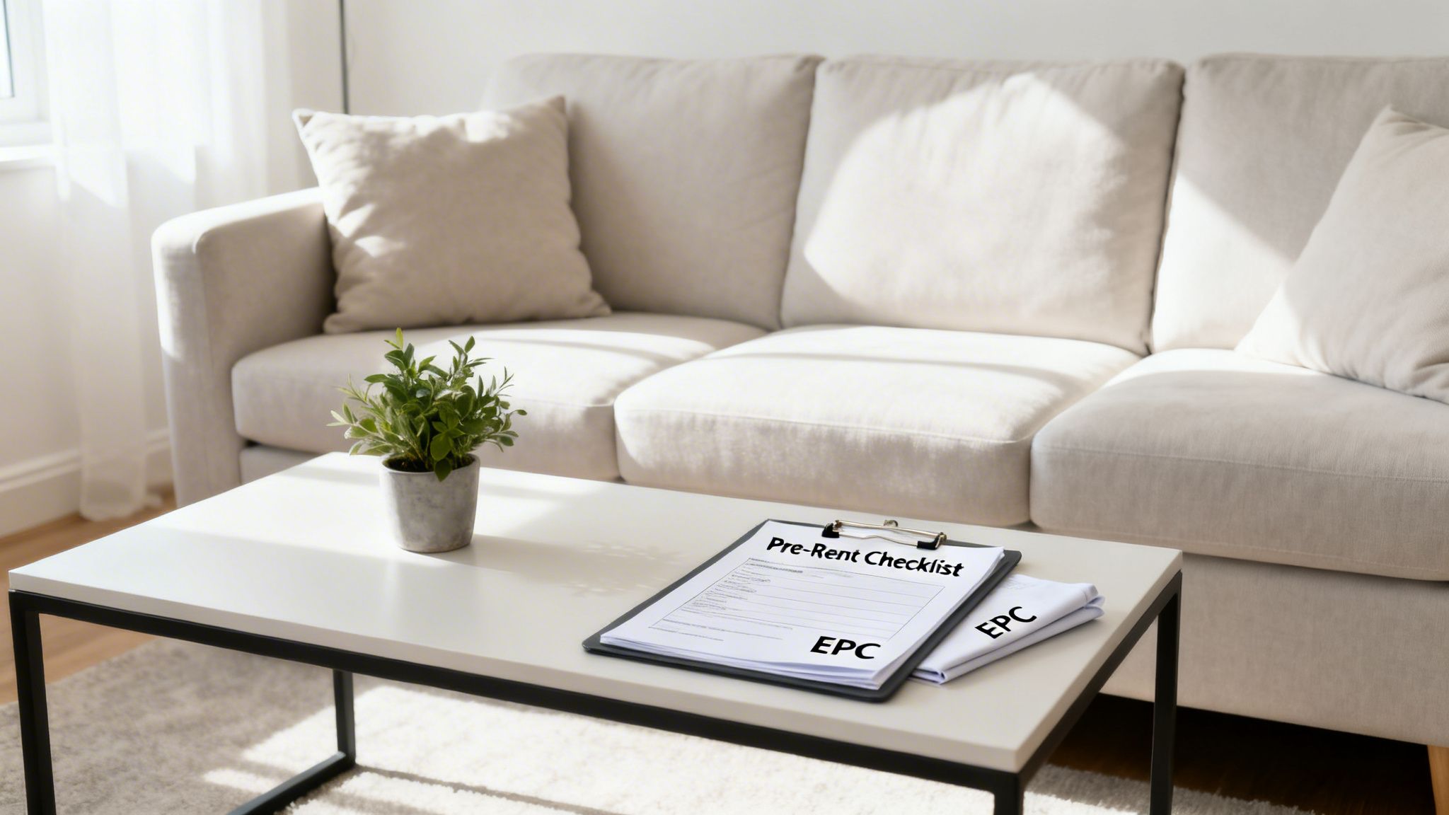 Pre-rent checklist and EPC documents on a coffee table in a bright, modern living room.