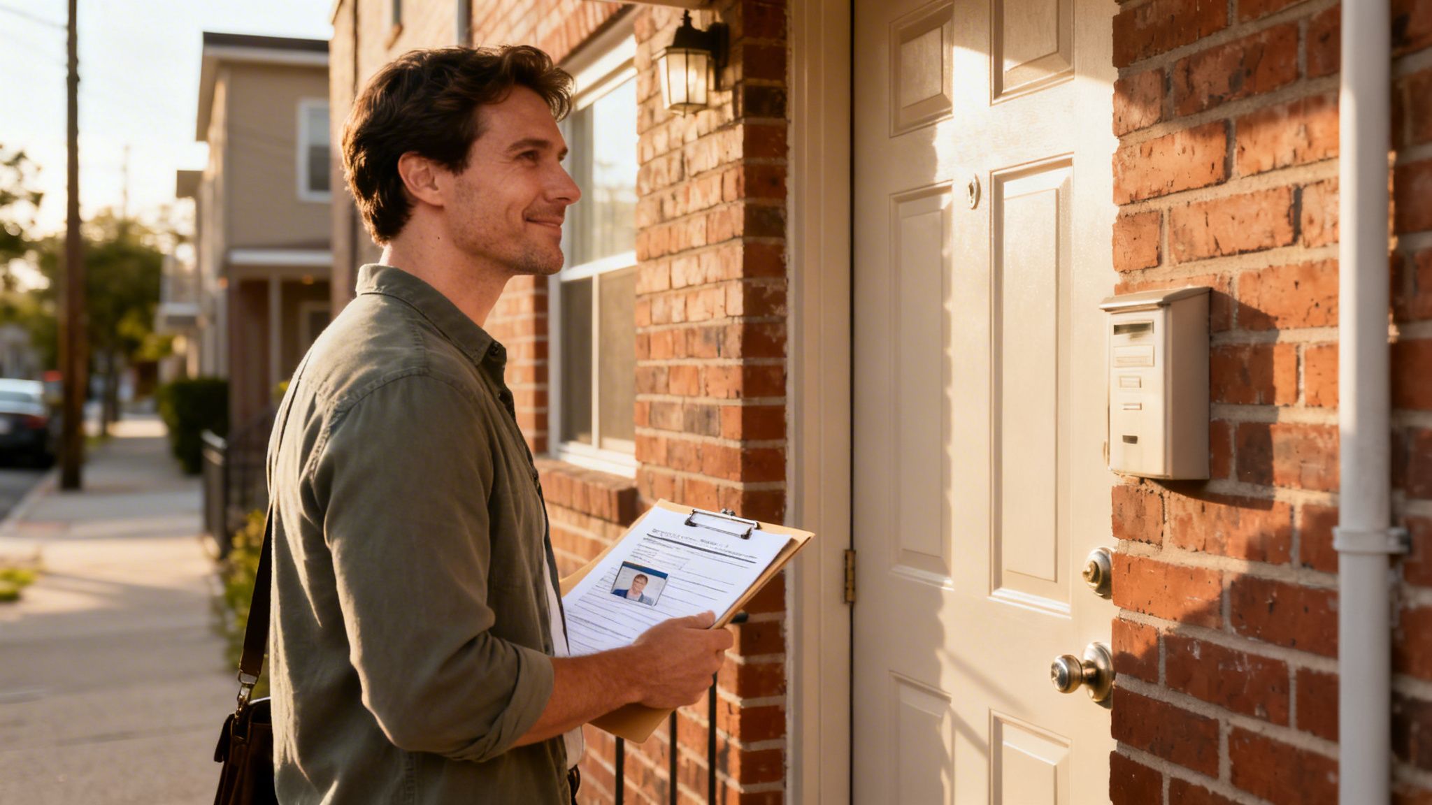 A smiling man holding a clipboard with an ID badge stands outside a brick building with a white door.