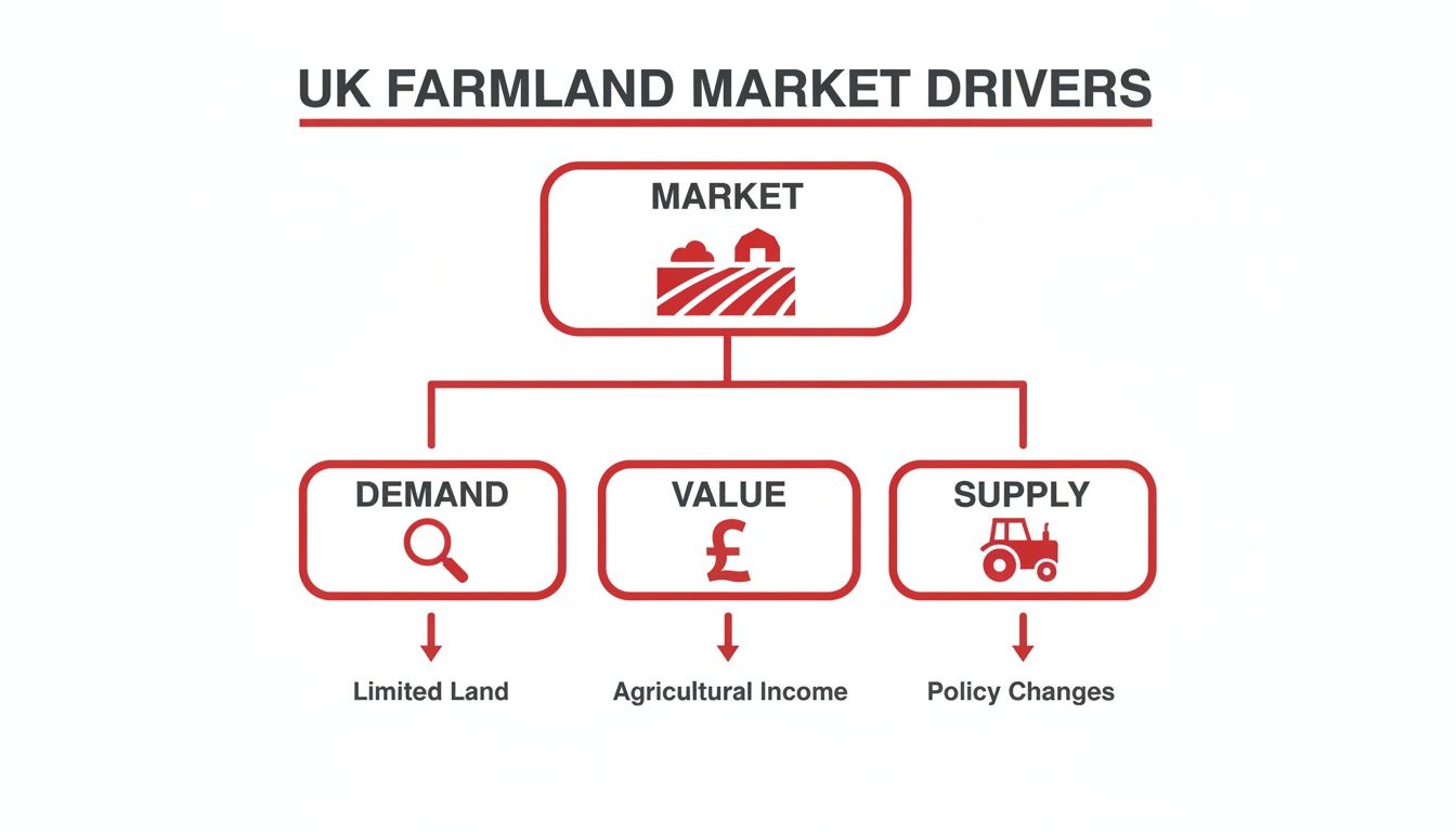 A diagram illustrating UK farmland market drivers: demand, value, and supply factors.