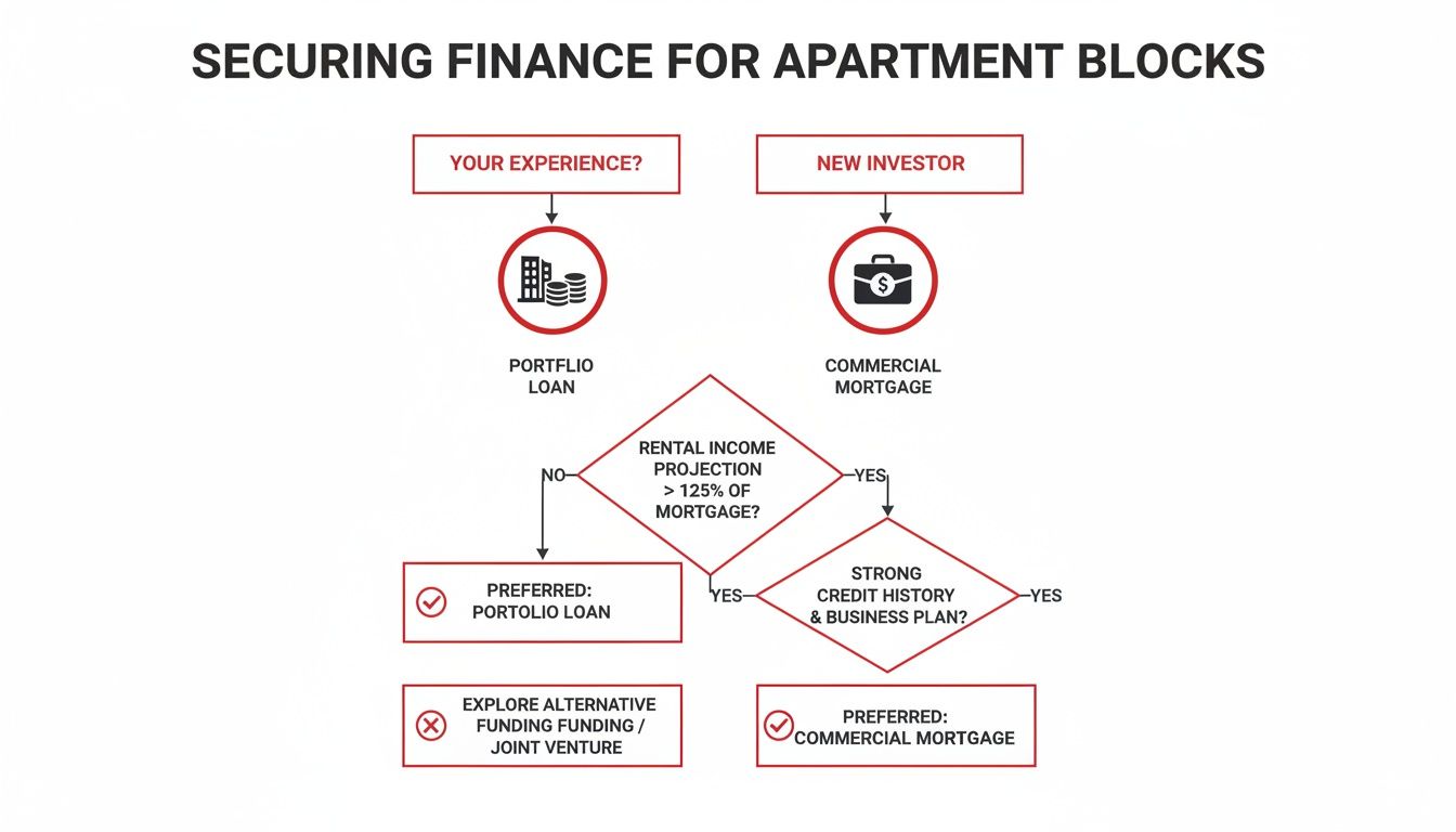 Flowchart guiding users through financing options for apartment blocks based on investor experience and financial criteria.