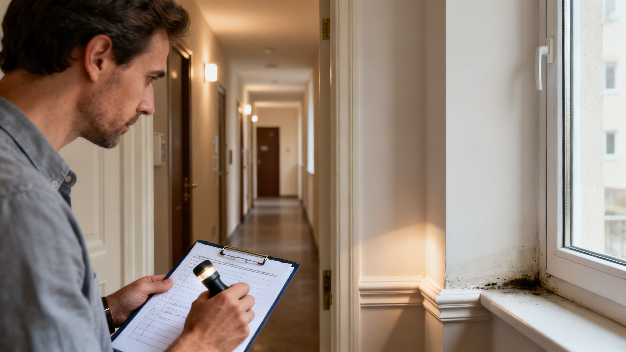 Man inspecting black mold on a window sill in an apartment hallway with a flashlight and clipboard.