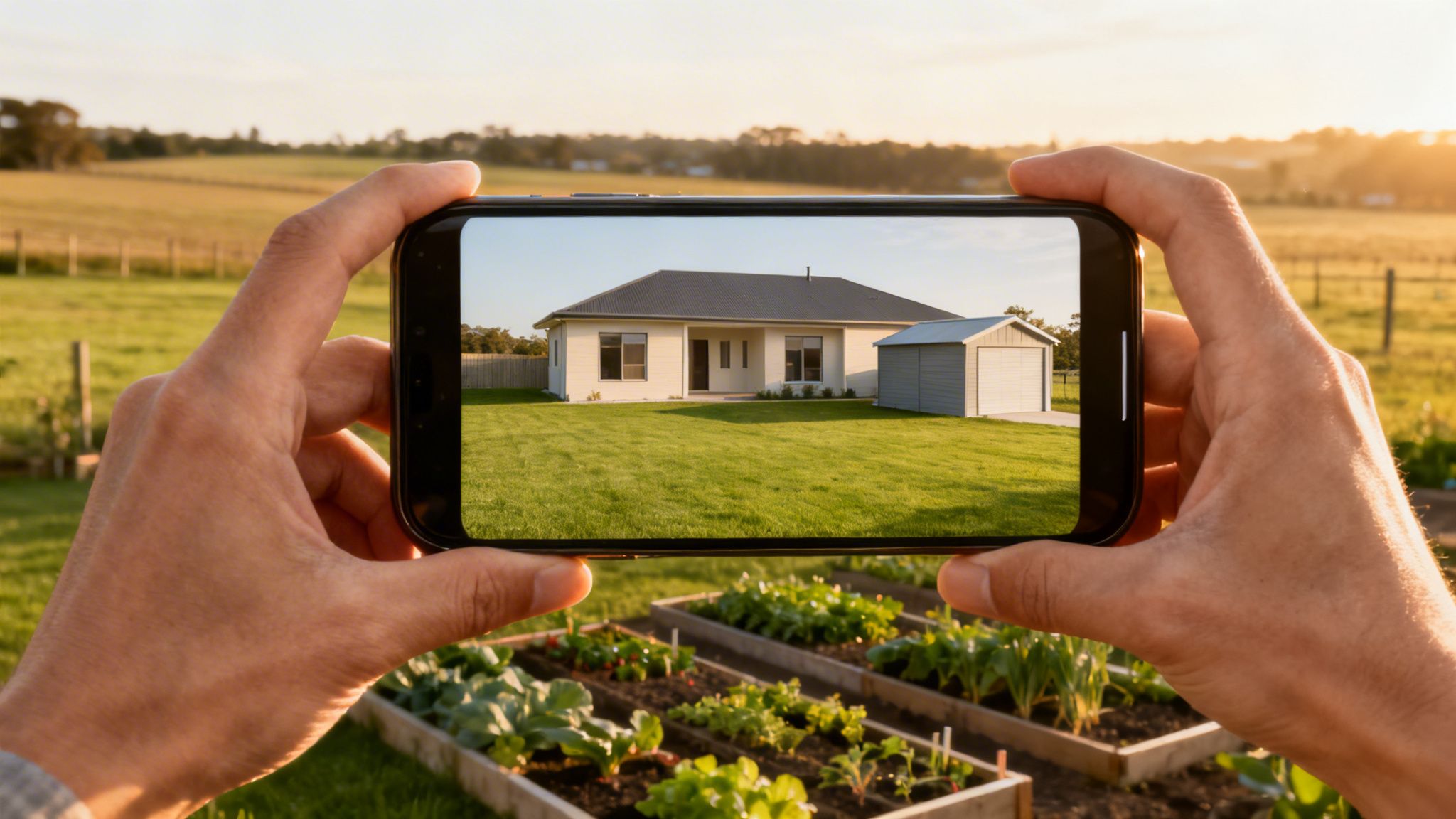 Hands holding a smartphone capturing a modern house with a green lawn and shed in a rural landscape.