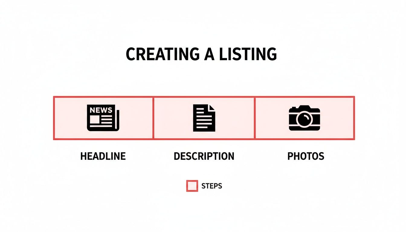Visual guide outlining three steps for creating a listing: headline, description, and photos, with corresponding icons.
