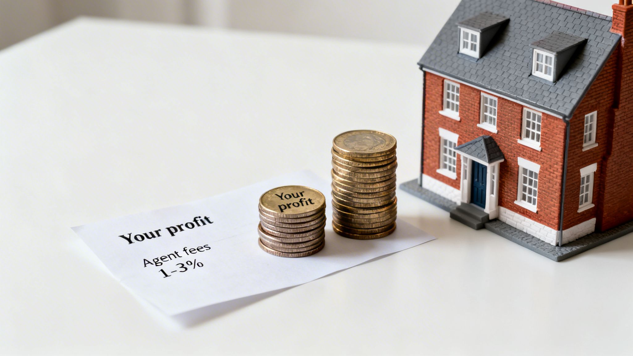 A miniature house model, stacks of gold coins, and paper showing 'Your profit' and 'Agent fees 1-3%'.