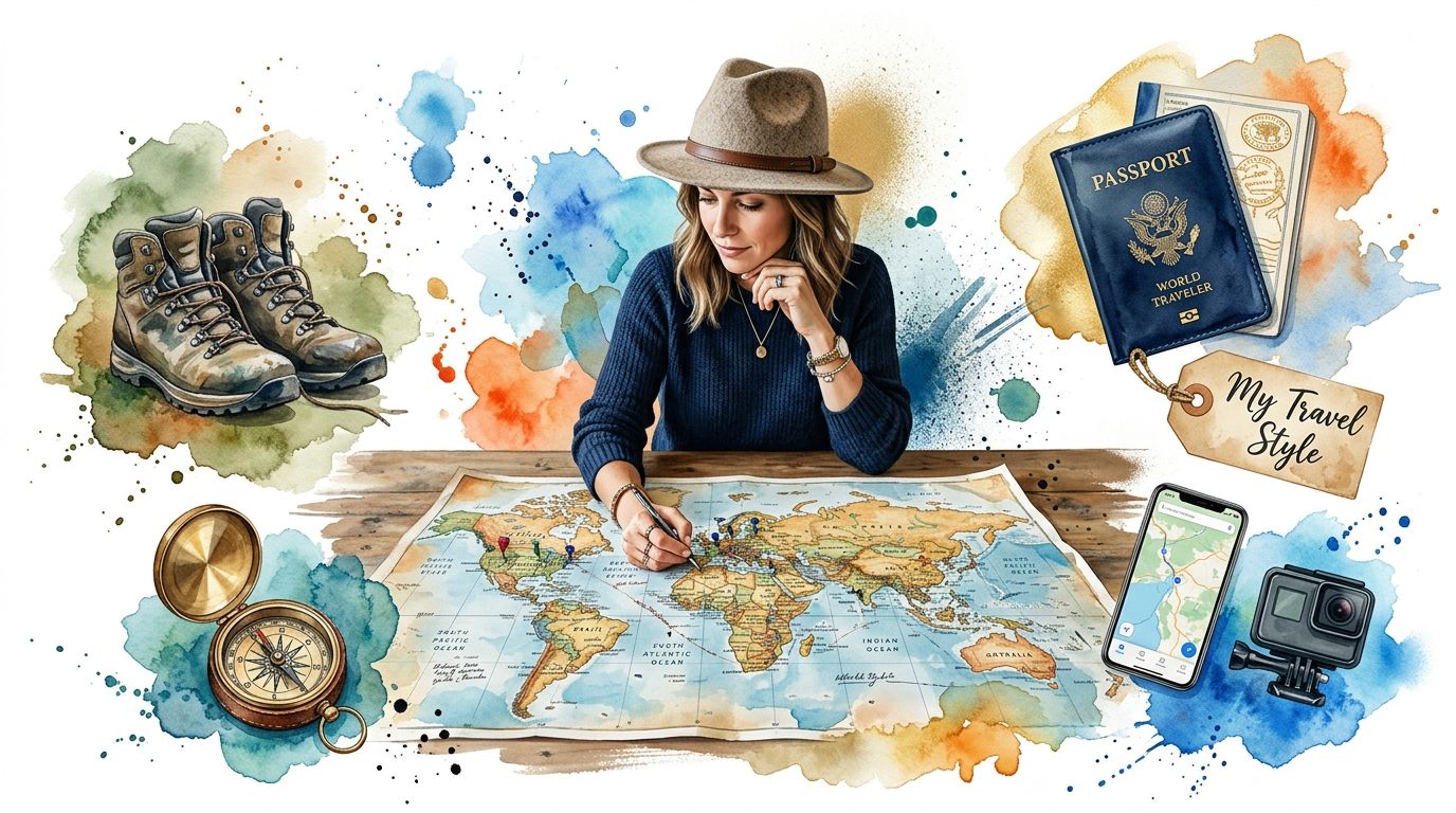 A woman wearing a hat planning a trip on a world map with hiking boots and travel gear.