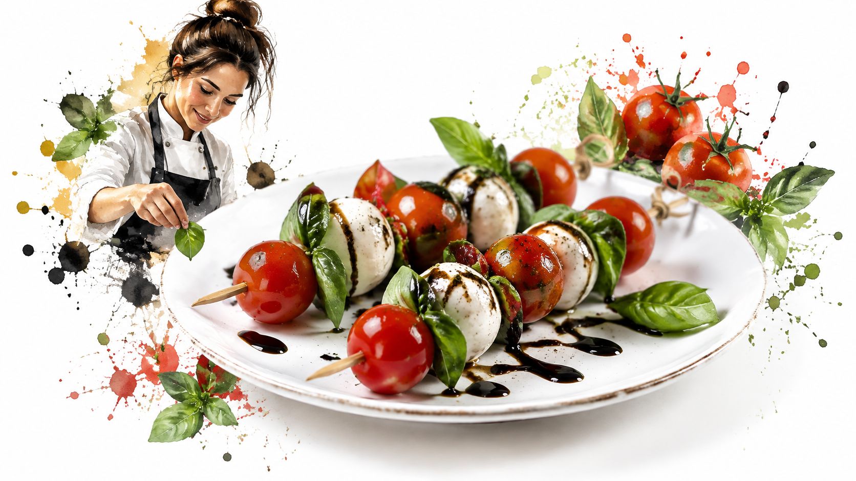 A professional chef garnishing fresh tomato and mozzarella skewers drizzled with balsamic glaze on a white plate.