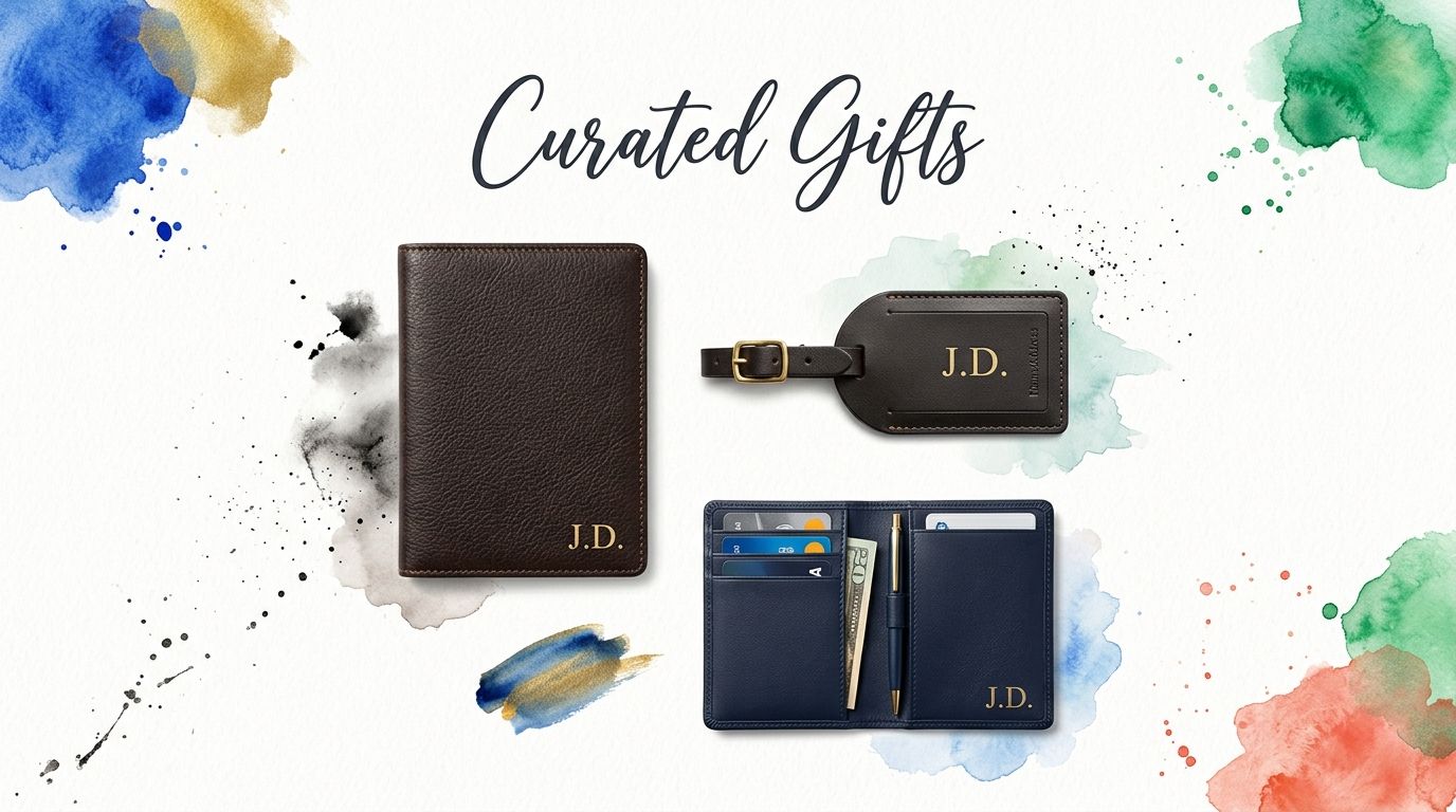 A leather passport holder, luggage tag, and wallet, all featuring the monogram J.D. as curated gifts.